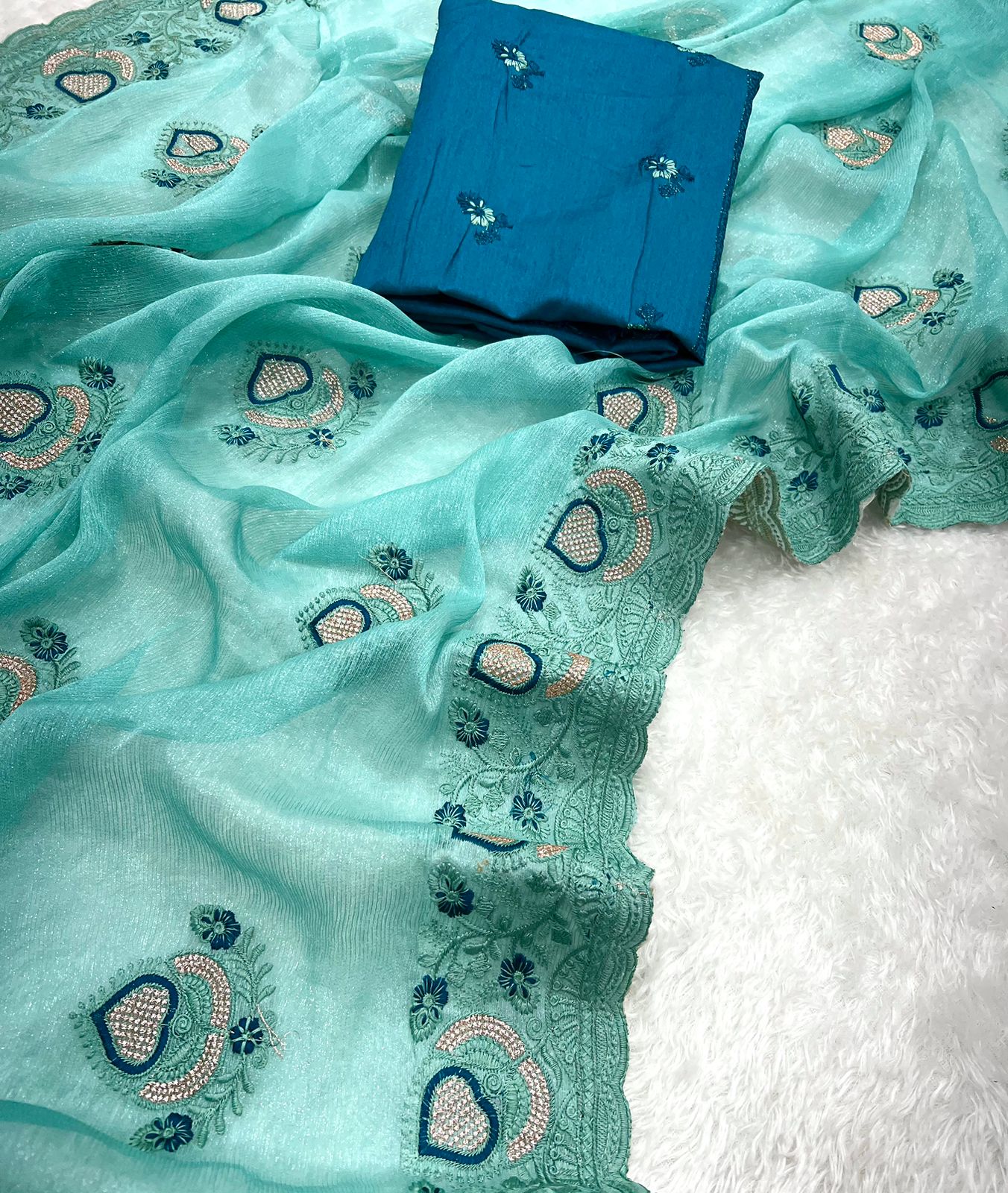 Fancy Simmar Chiffon Saree with Multi Zari Embroidery & Art Silk Butti Embroidery Blouse