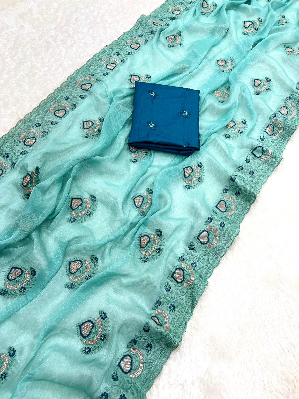 Fancy Simmar Chiffon Saree with Multi Zari Embroidery & Art Silk Butti Embroidery Blouse