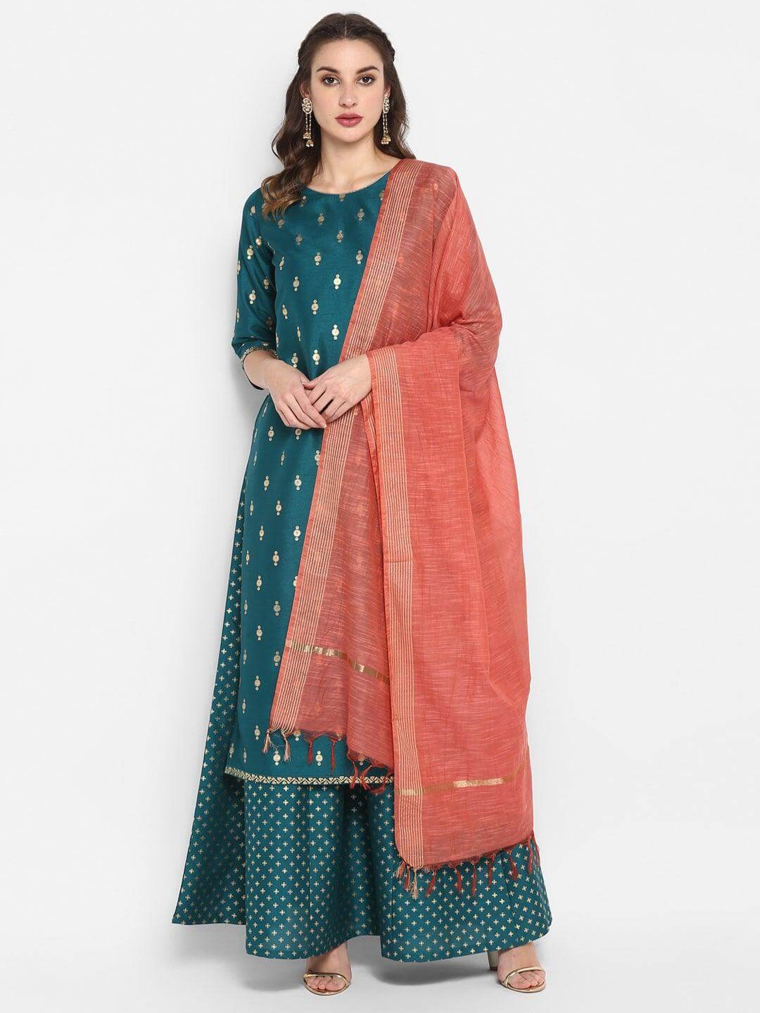 Green Poly Silk Gold Print Straight Kurta with Pink Palazzo and Art Silk Dupatta for Women