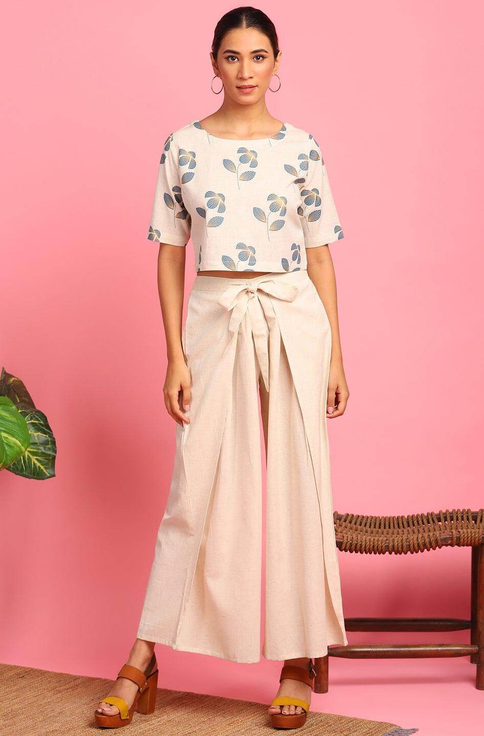 Floral printed cotton flex crop top and palazzo set for women with half sleeves and tie-waist – casual ethnic wear