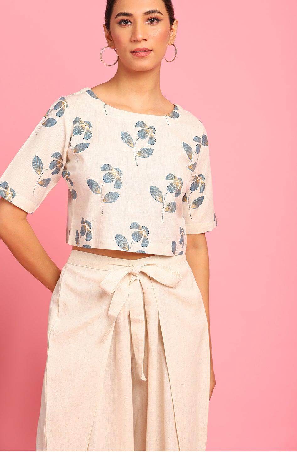 Floral printed cotton flex crop top and palazzo set for women with half sleeves and tie-waist – casual ethnic wear