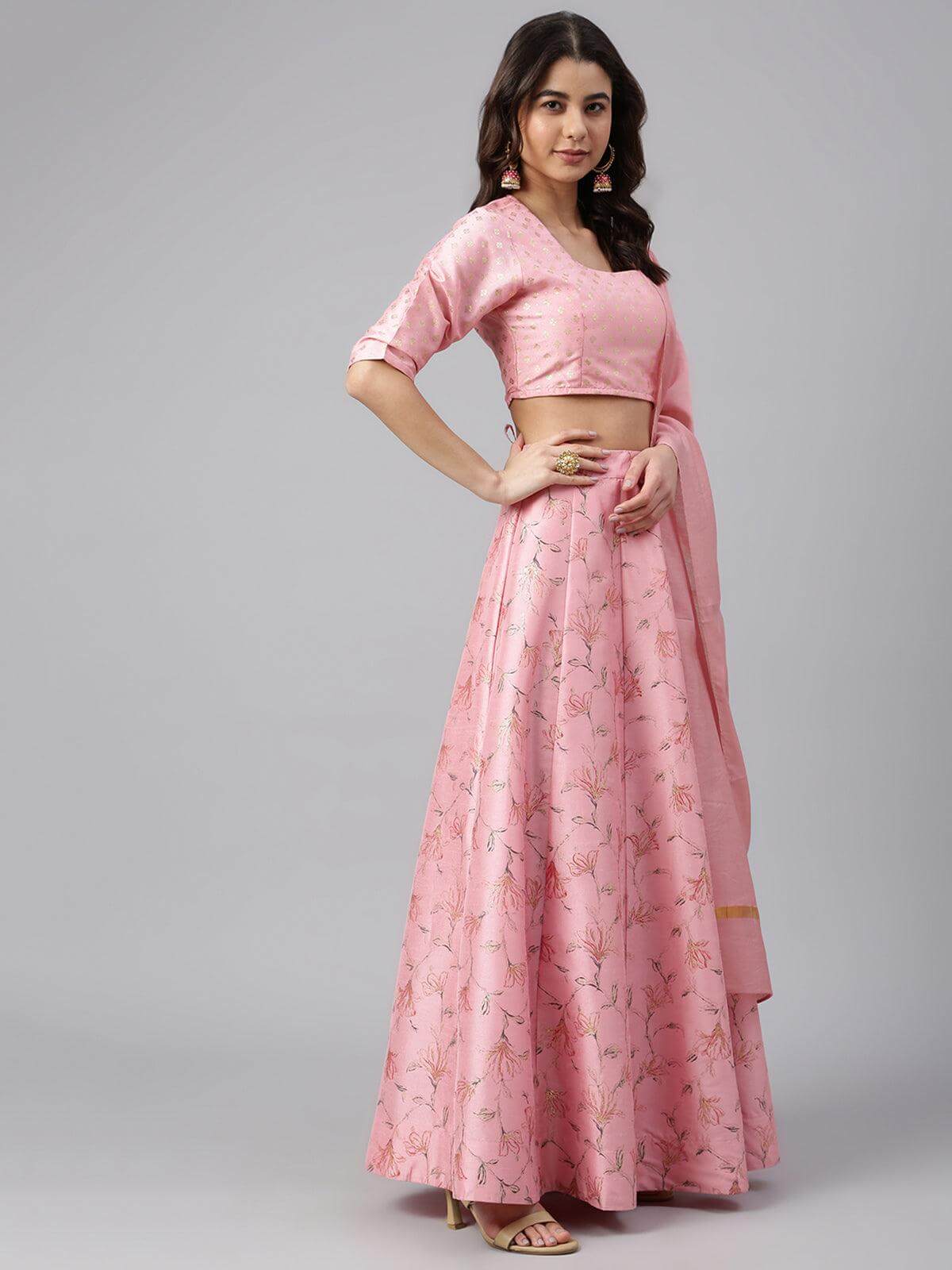 Pink Poly Silk Gold Print Lehenga Choli With Dupatta