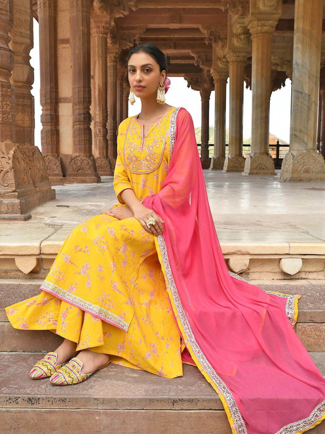 Yellow Cotton Embroidered Kurta Palazzo Dupatta Set with Pink