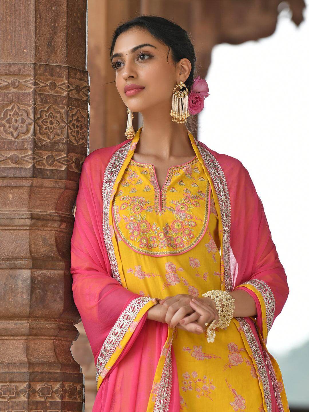 Yellow Cotton Embroidered Kurta Palazzo Dupatta Set with Pink Chiffon Dupatta for Women