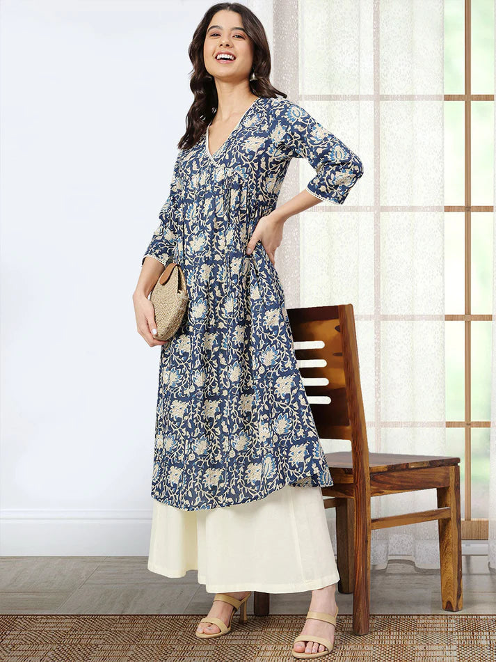 Navy Blue Pure Cotton Floral Printed Flared Kurta for Women with V-Neck – M to 2XL