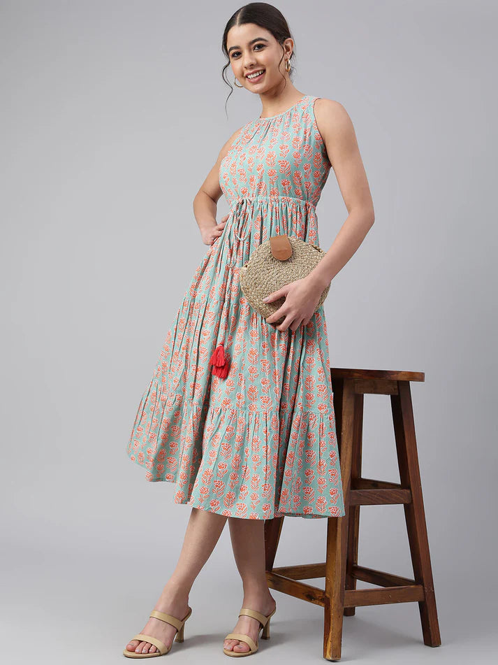 Mint Green Cotton Floral Block Print Tiered Western Dress