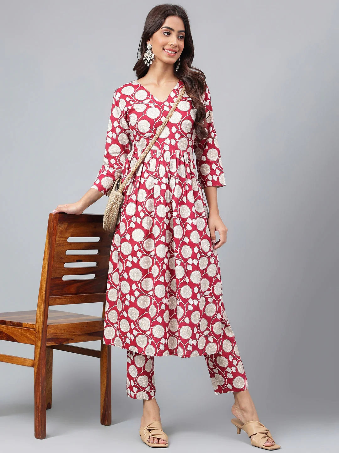 Maroon Cotton Floral Printed Co-Ords Set JAC715
