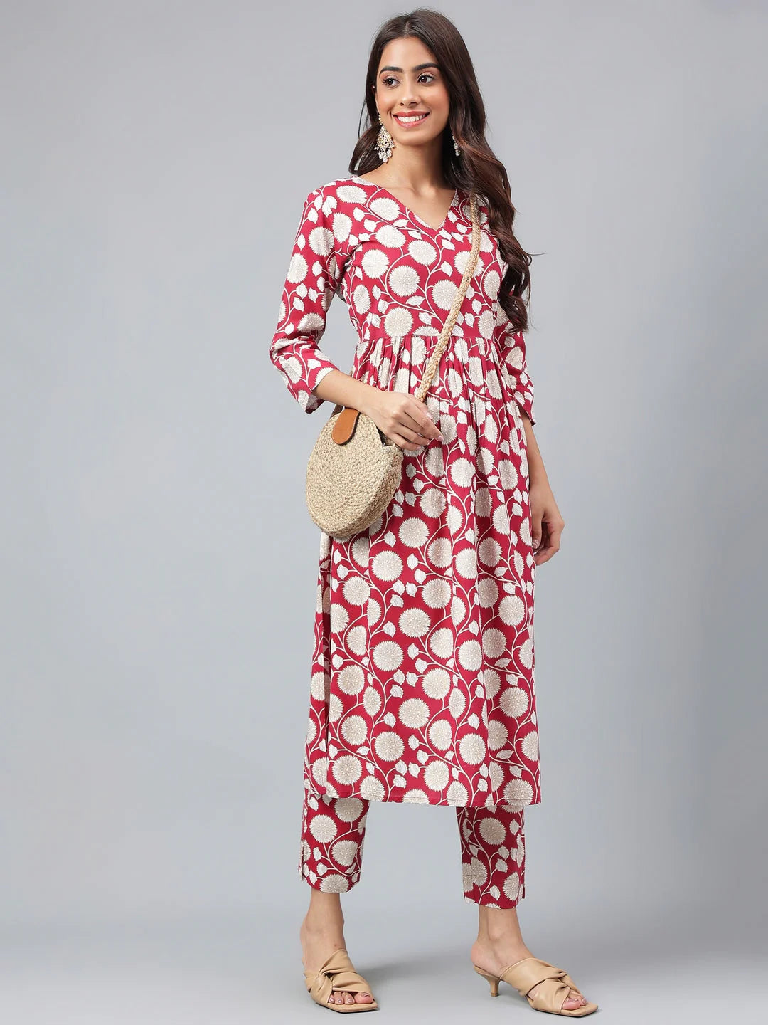 Maroon Cotton Floral Printed Co-Ords Set JAC715