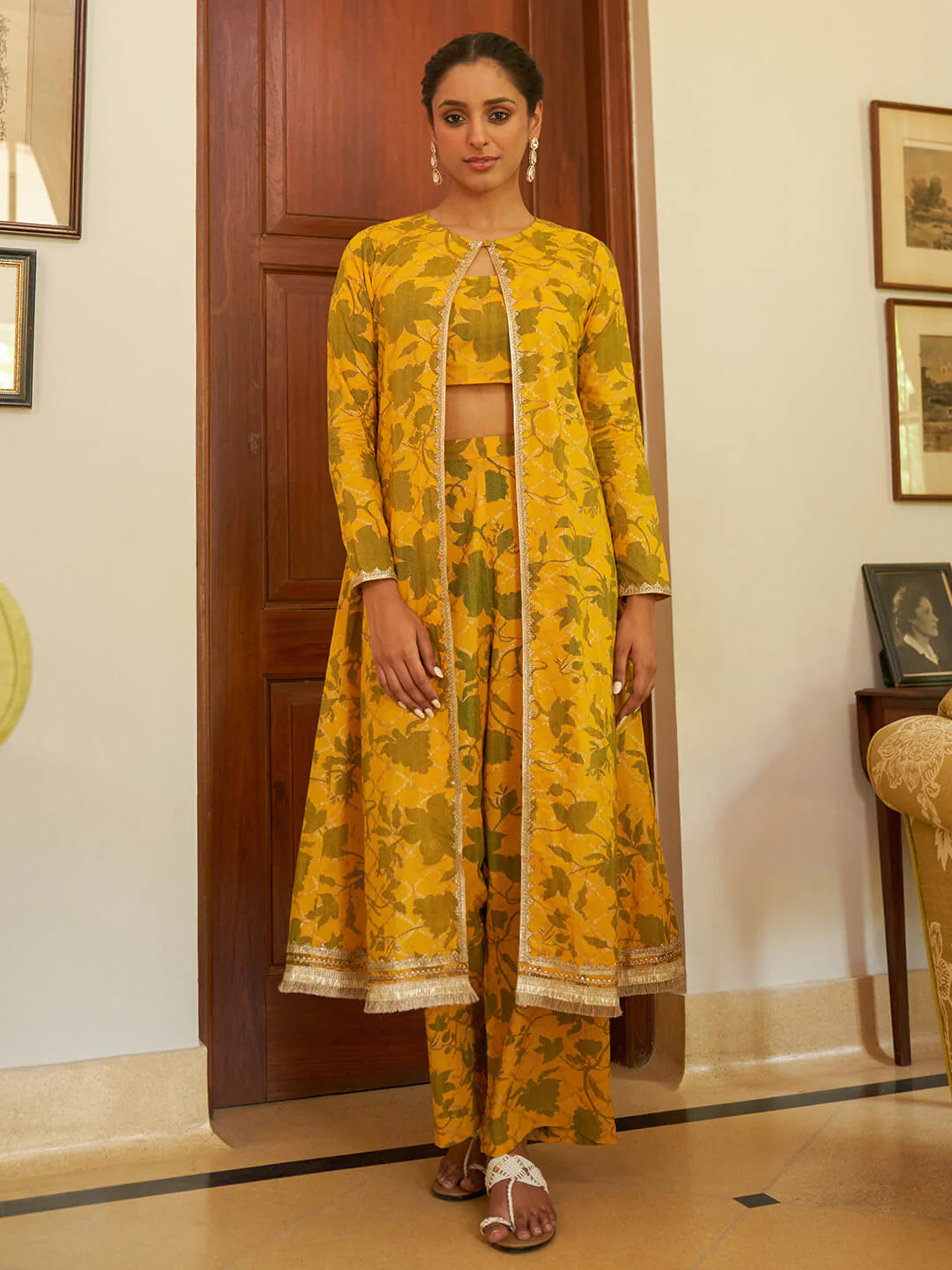 Mustard Cotton Floral Printed Crop Top with Straight Pant and Long Jacket for Women
