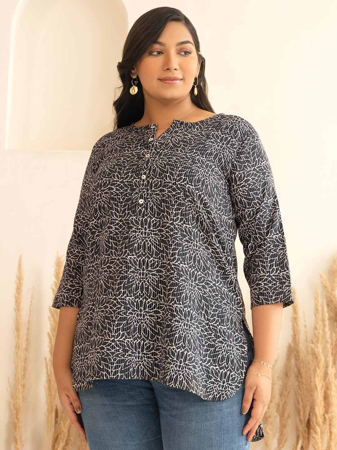 Women’s Black Cotton Floral Kantha Stitch Short Kurta – Three-Quarter Sleeves