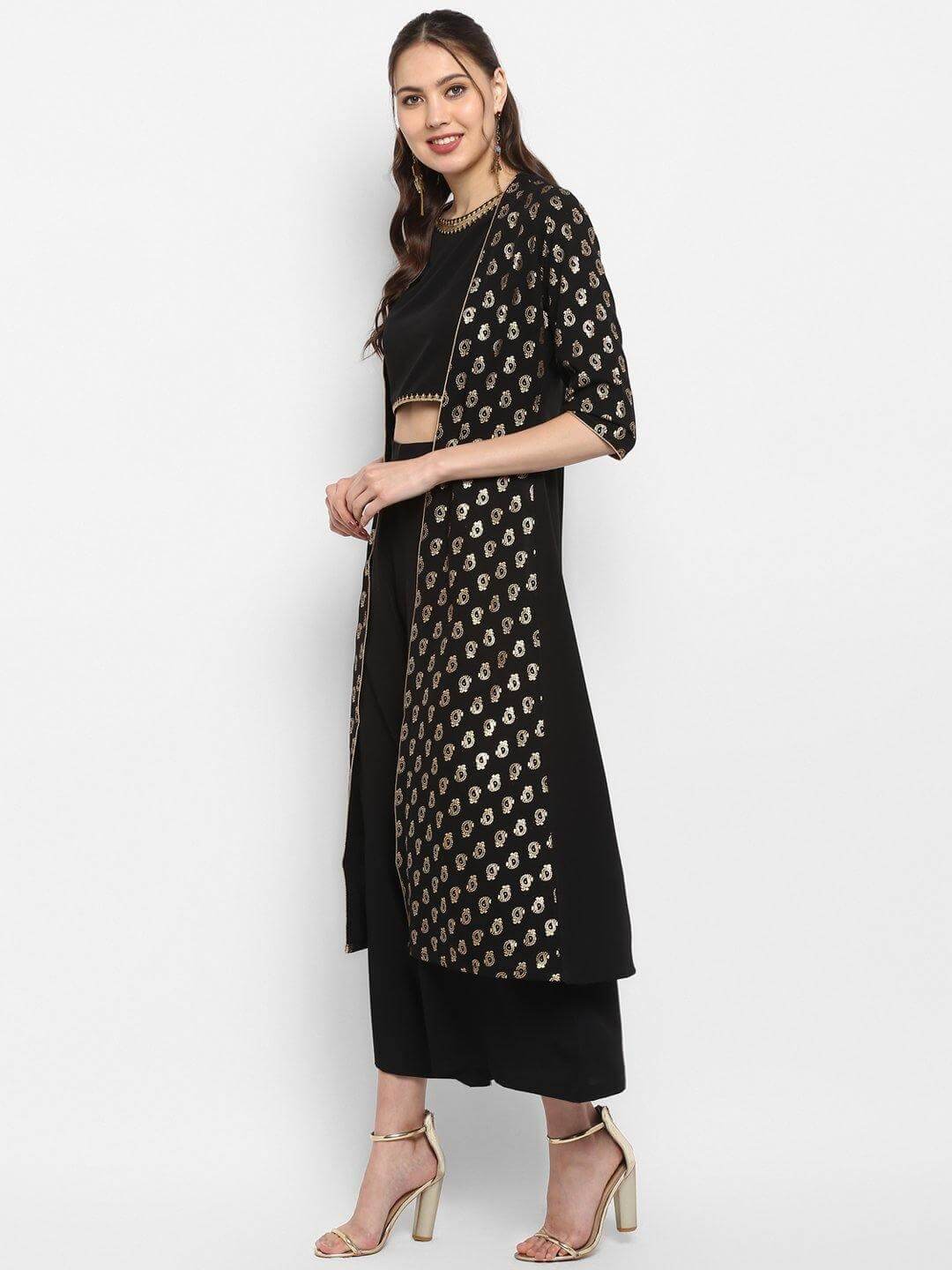 Black poly crepe crop top palazzo and jacket set for women with gold print – festive three-piece co-ord outfit
