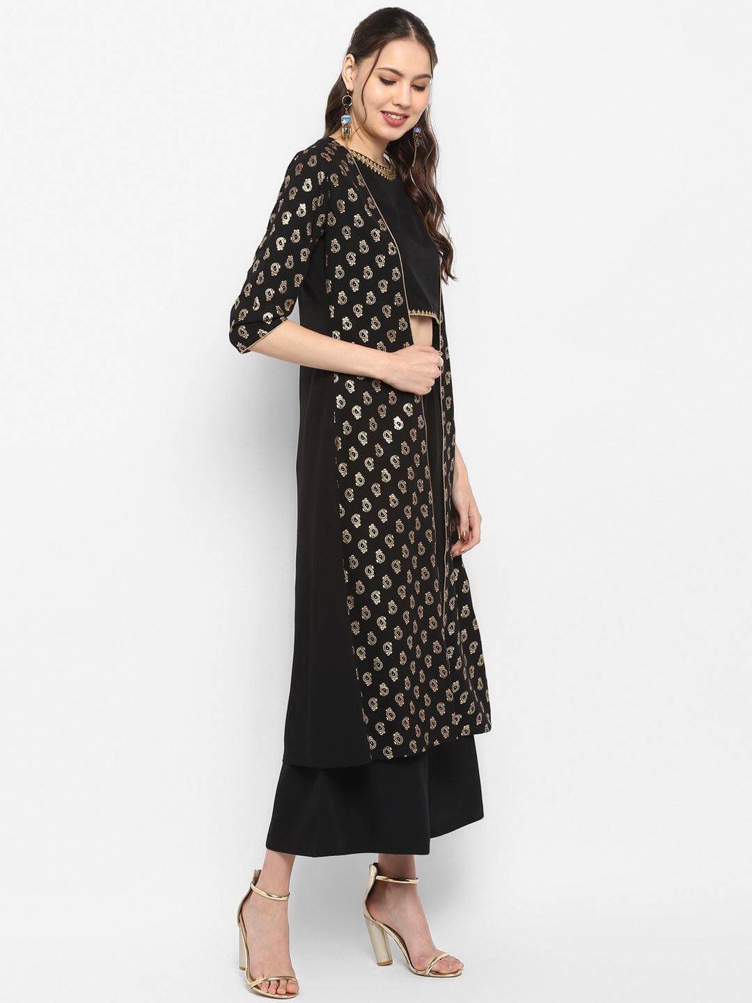 Black poly crepe crop top palazzo and jacket set for women with gold print – festive three-piece co-ord outfit