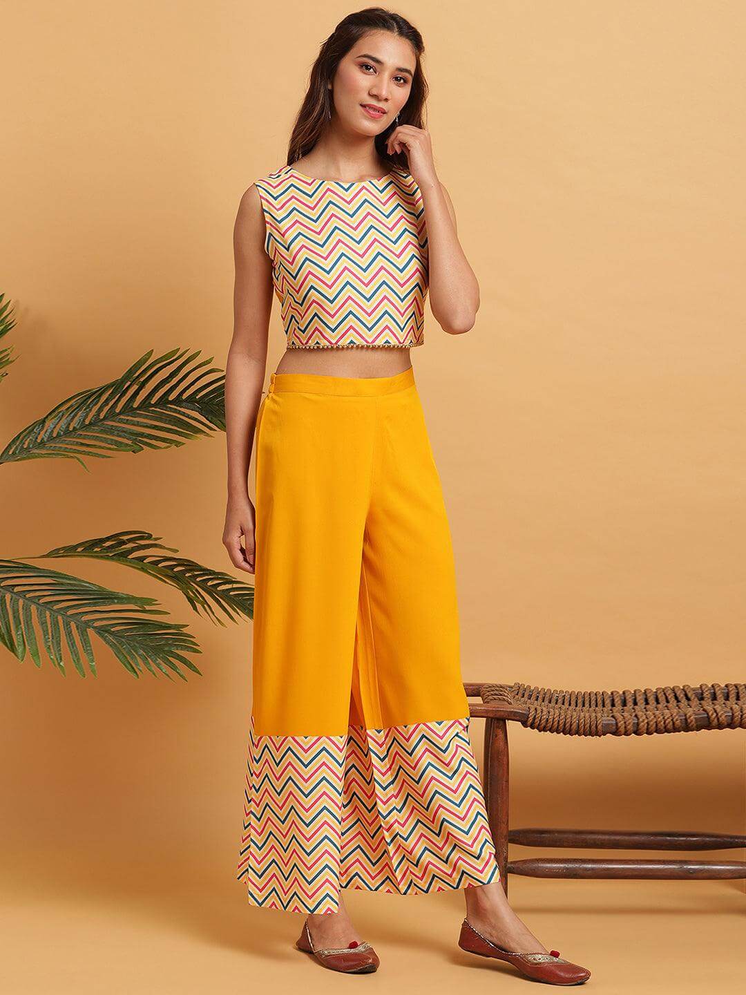 Chevron printed poly crepe crop top palazzo and georgette jacket set for women – festive three-piece outfit