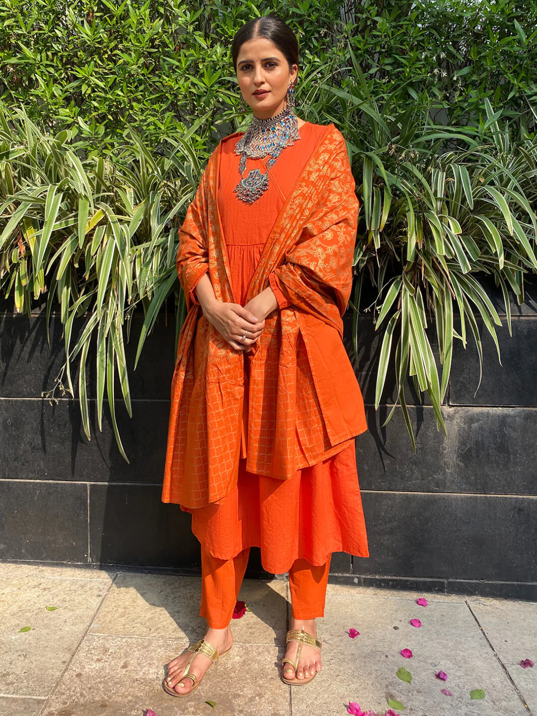 Orange Cotton Angrakha Style Kurta Pant Dupatta Set with Woven Stripes and Gold Print for Women