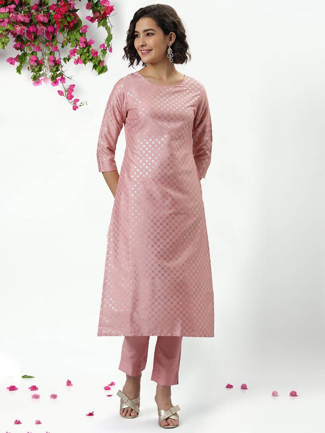 Silk Blend Kurti Pant Set with Foil Print Work for Women – Sizes XL to 3XL
