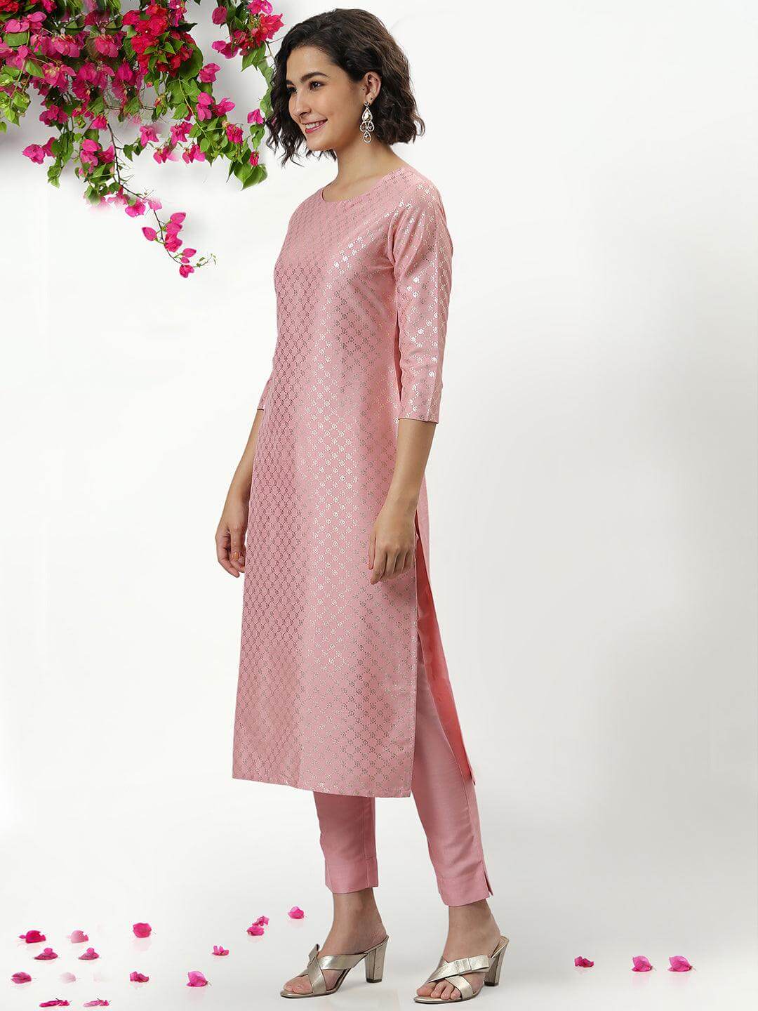 Silk Blend Kurti Pant Set with Foil Print Work for Women – Sizes XL to 3XL