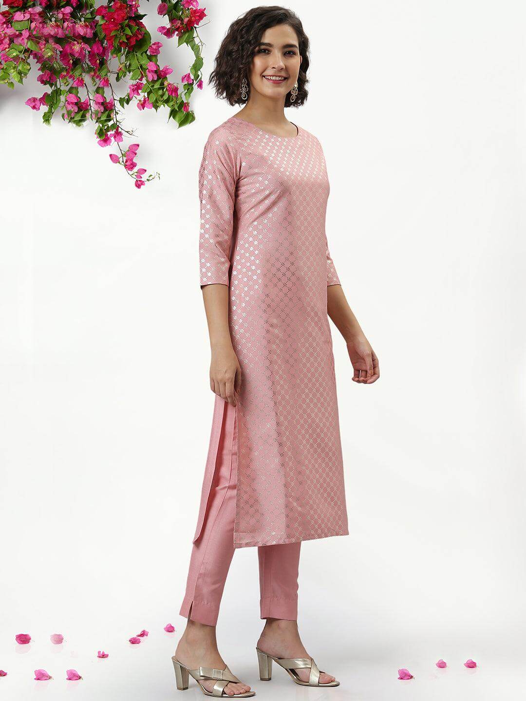 Silk Blend Kurti Pant Set with Foil Print Work for Women – Sizes XL to 3XL