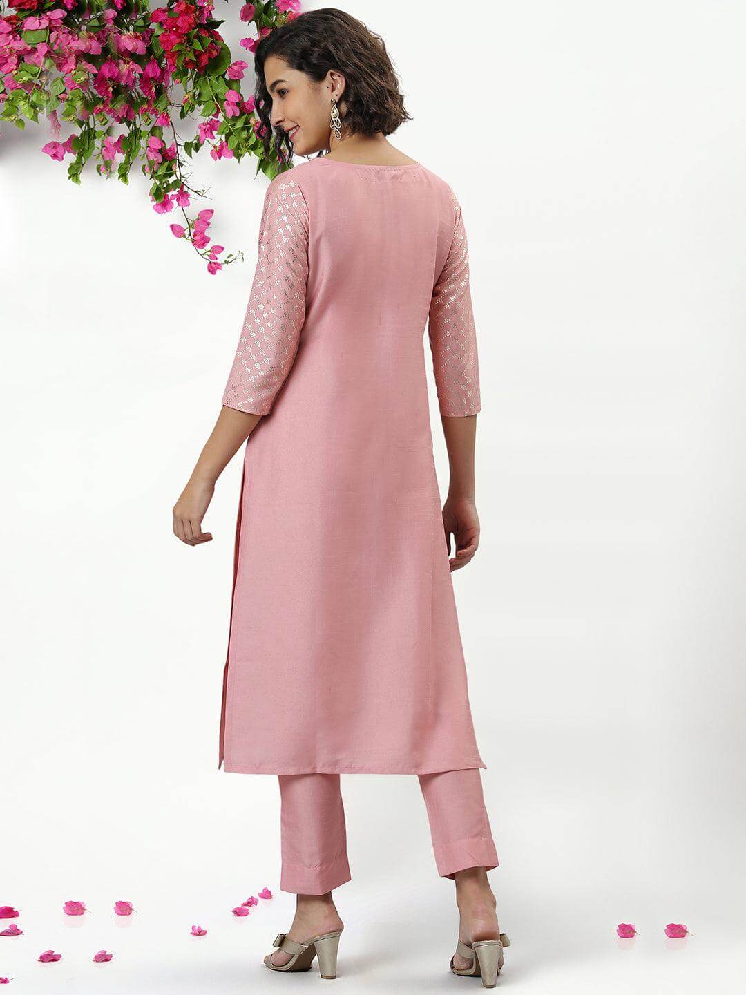 Silk Blend Kurti Pant Set with Foil Print Work for Women – Sizes XL to 3XL