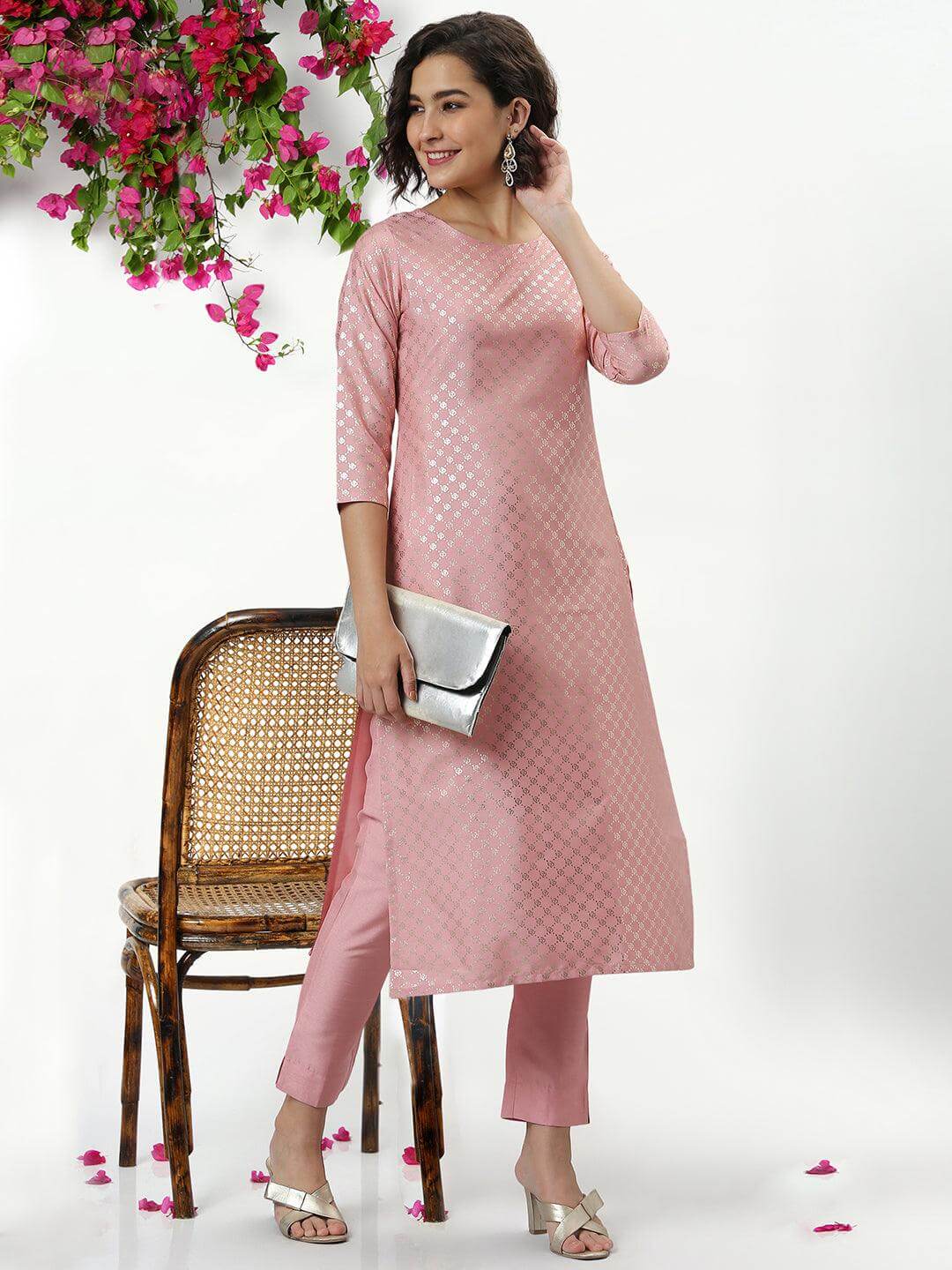 Silk Blend Kurti Pant Set with Foil Print Work for Women – Sizes XL to 3XL