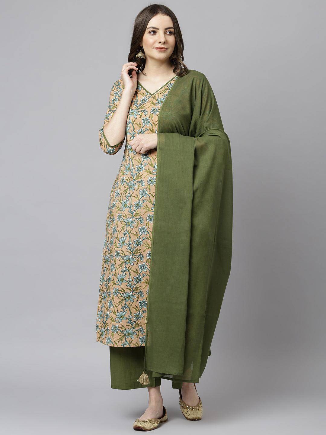 PEACH COTTON KURTI PALAZZO DUPATTA SET JAC398