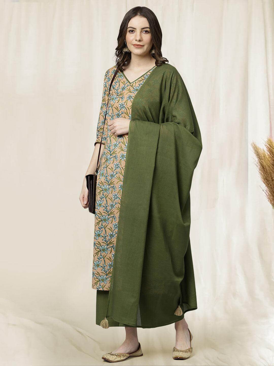 PEACH COTTON KURTI PALAZZO DUPATTA SET JAC398