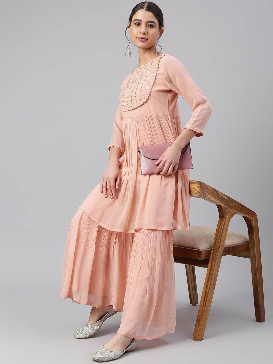 Peach georgette kurta sharara set for women with thread embroidery and flared silhouette – festive ethnic wear