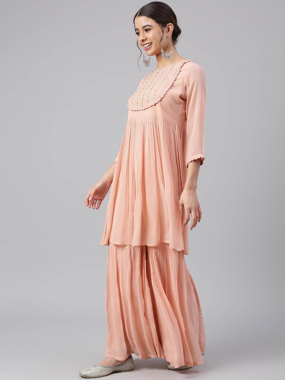 Peach georgette kurta sharara set for women with thread embroidery and flared silhouette – festive ethnic wear