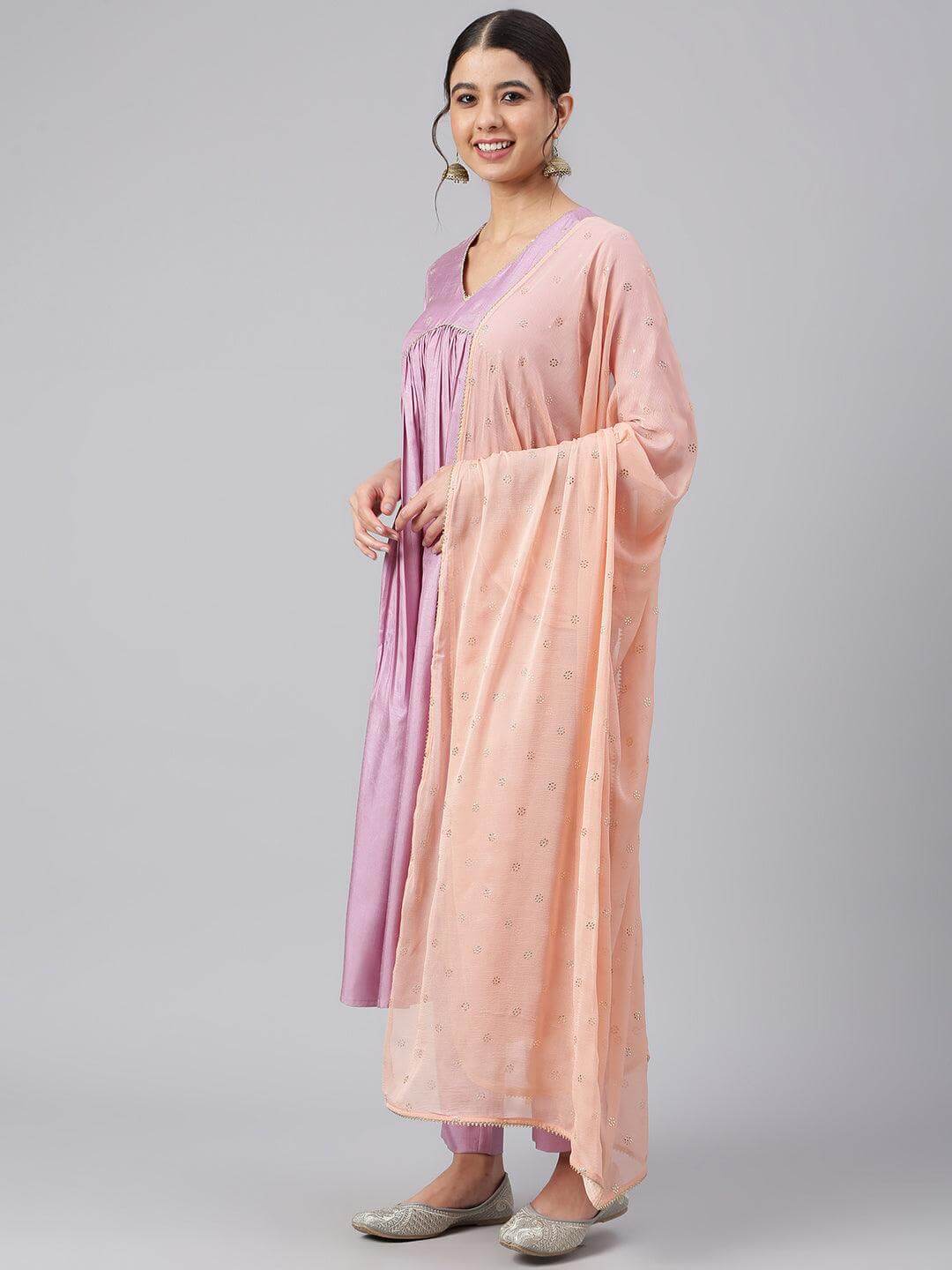 Mauve Poly Silk Flared Kurta Pant Dupatta Set with Embroidered Yoke and Lace Detailing for Women
