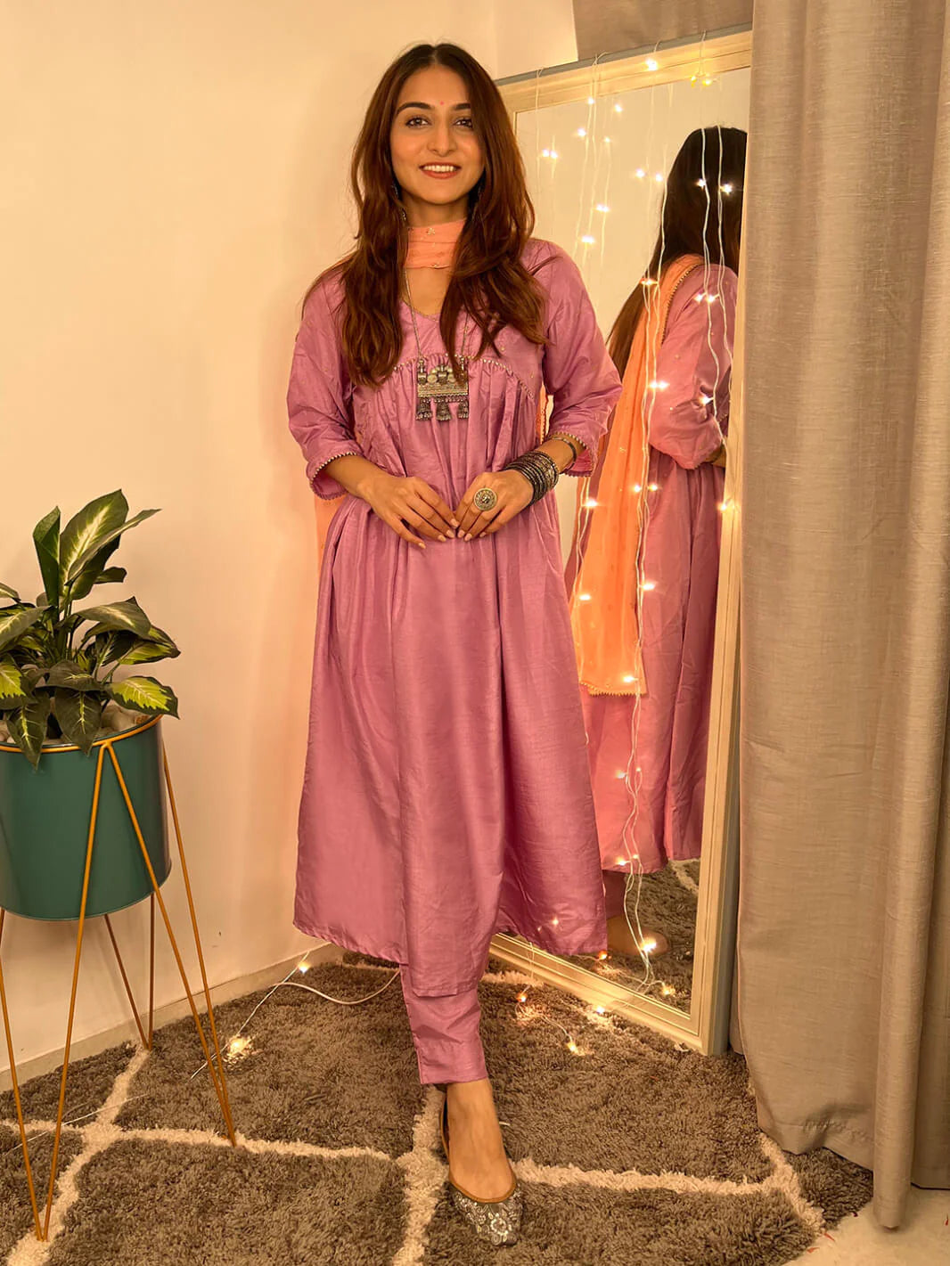 Mauve Poly Silk Flared Kurta Pant Dupatta Set with Embroidered Yoke and Lace Detailing for Women