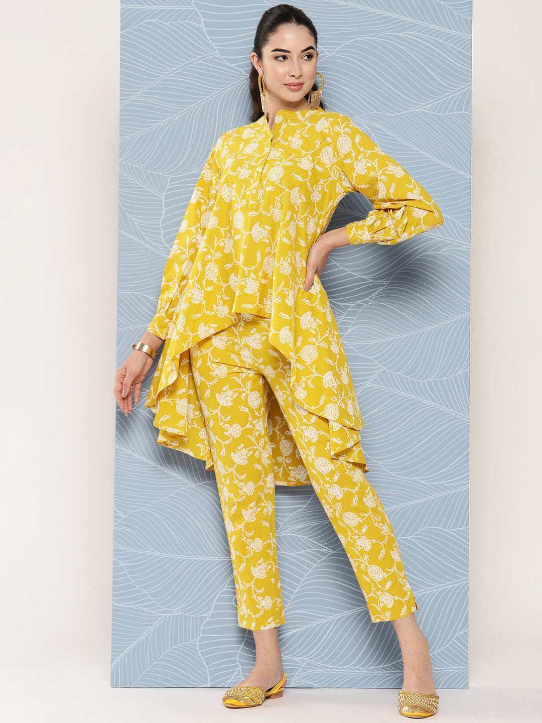 Mustard cotton floral printed co-ord set for women with asymmetrical kurti and straight pants – daily casual wear