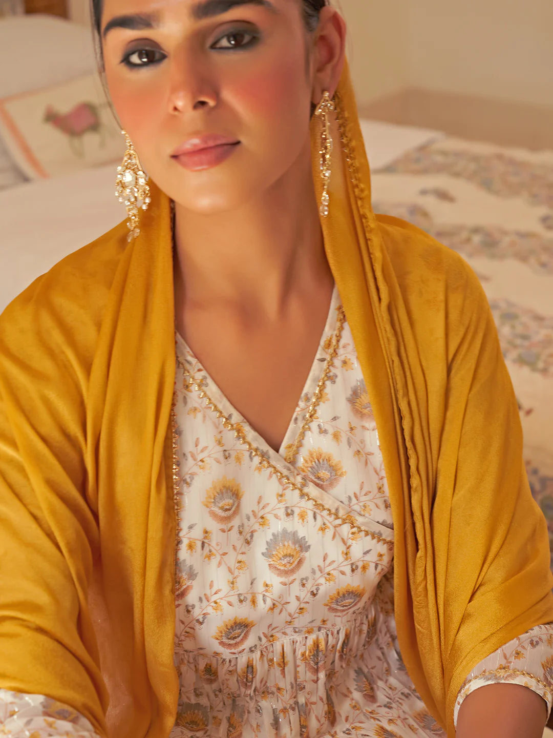 White Chiffon Lurex Floral Printed Kurta With Palazzo And Dupatta