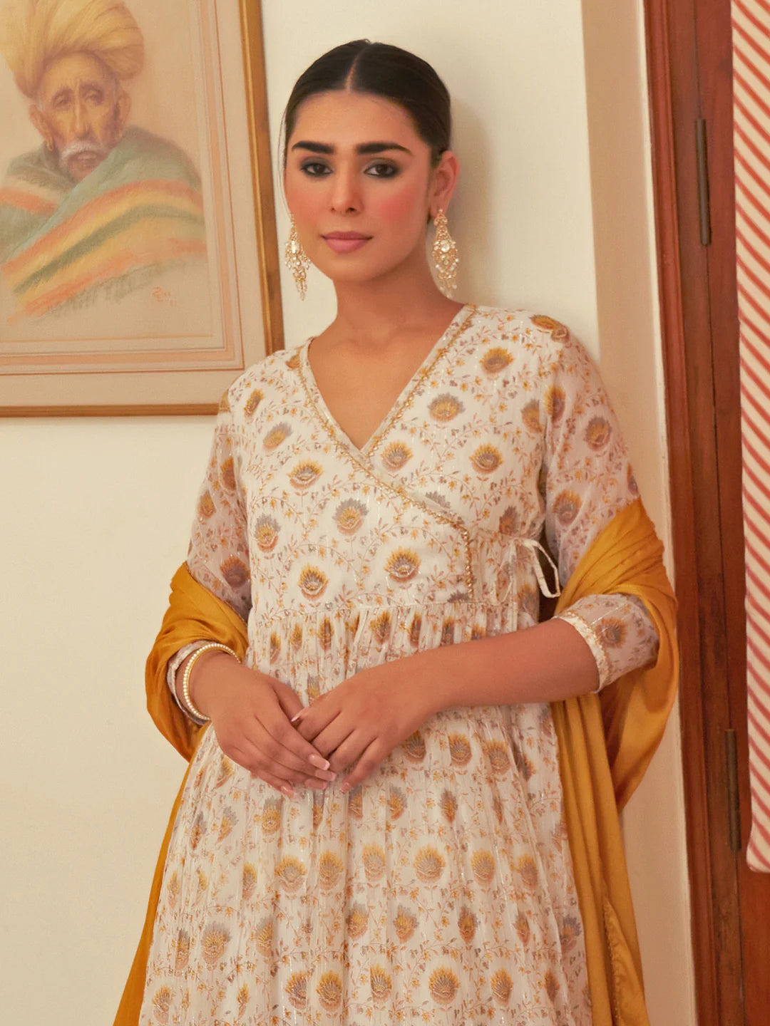 White Chiffon Lurex Floral Printed Kurta With Palazzo And Dupatta