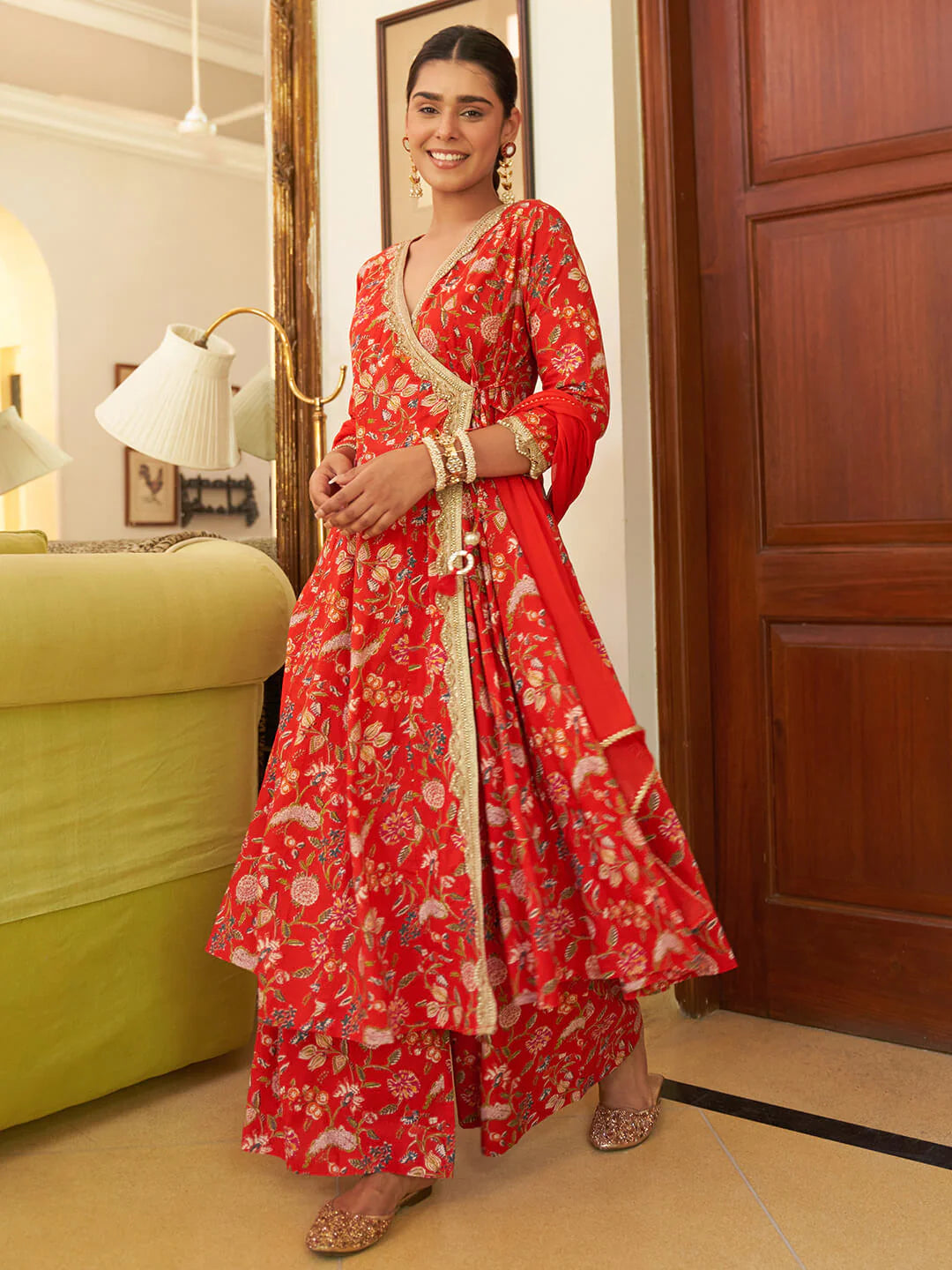 Red Cotton Floral Printed Angrakha Kurta Palazzo Dupatta Set for Women – Festive Wear
