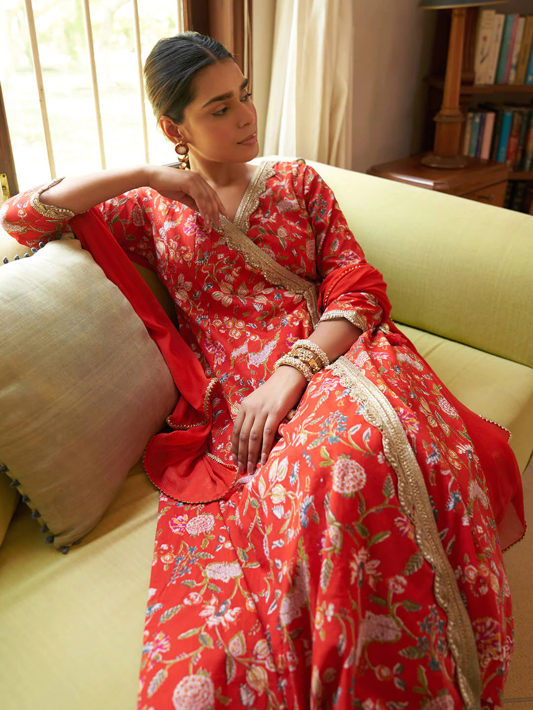 Red Cotton Floral Printed Angrakha Kurta Palazzo Dupatta Set for Women – Festive Wear