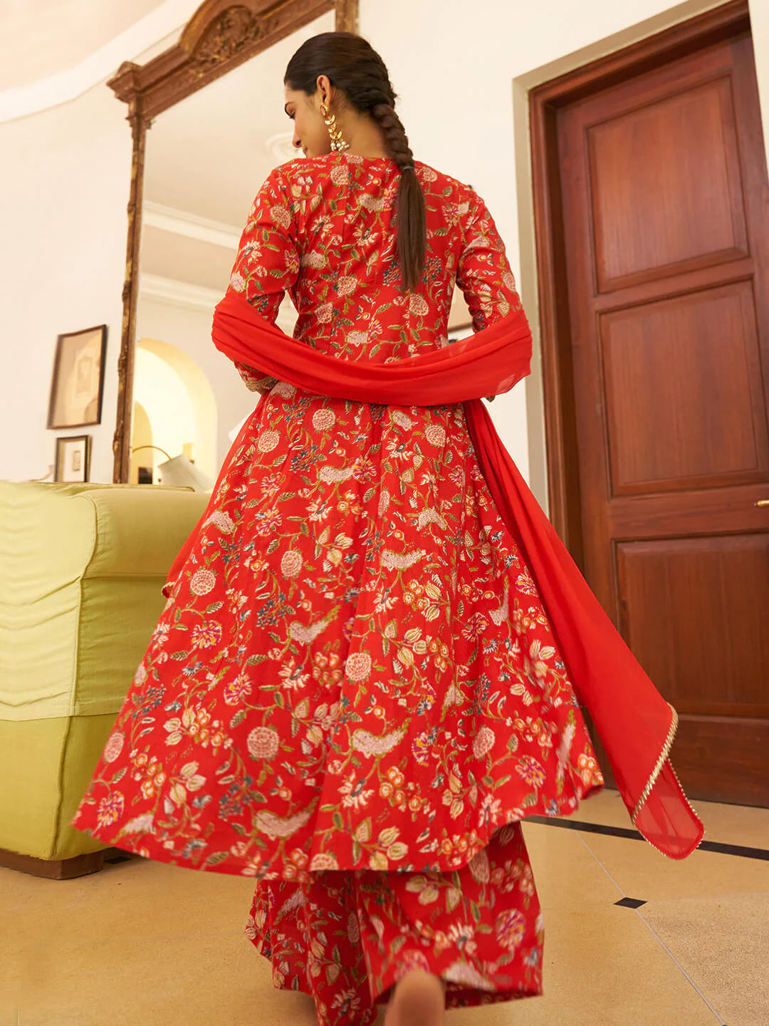 Red Cotton Floral Printed Angrakha Kurta Palazzo Dupatta Set for Women – Festive Wear