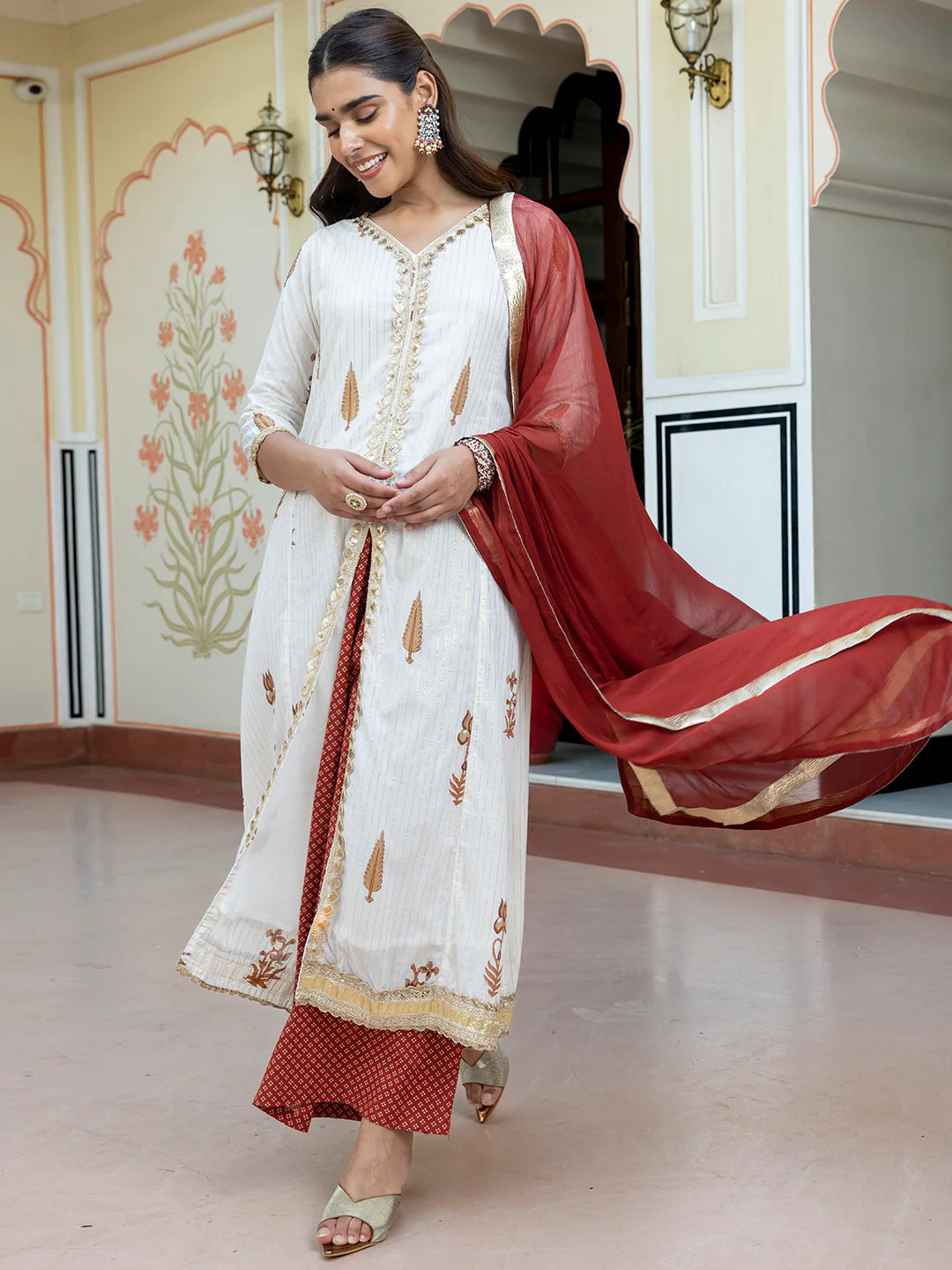 White Cotton Floral Embellished Kurta Palazzo Dupatta Set with Front Slit for Women