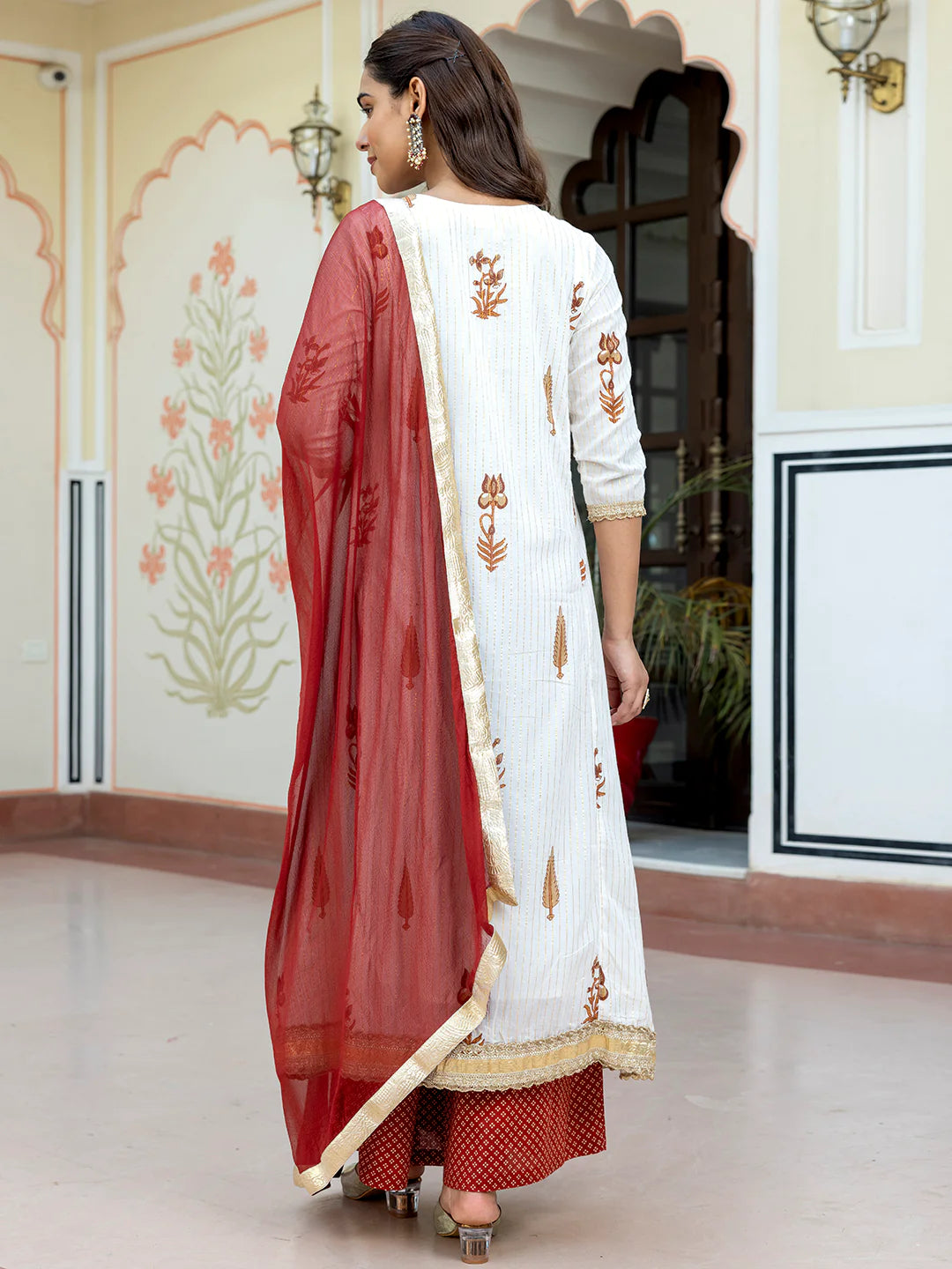 White Cotton Floral Embellished Kurta Palazzo Dupatta Set with Front Slit for Women