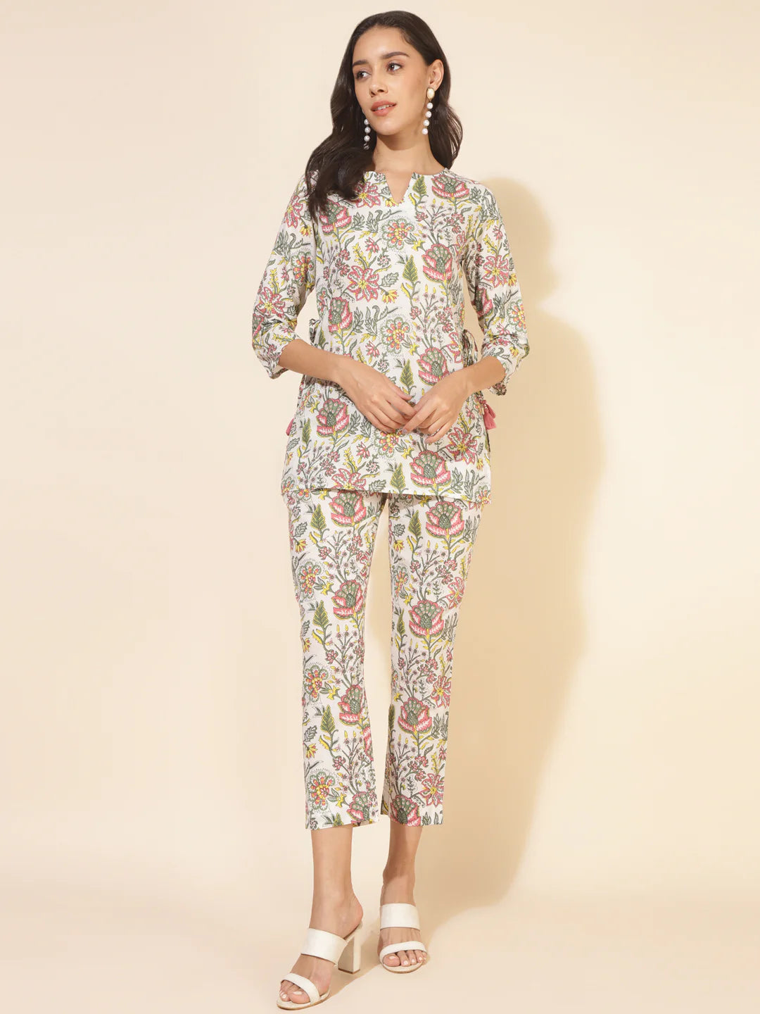 White cotton co-ord set for women with tassels, waist tie-up, and pocket – casual daily wear