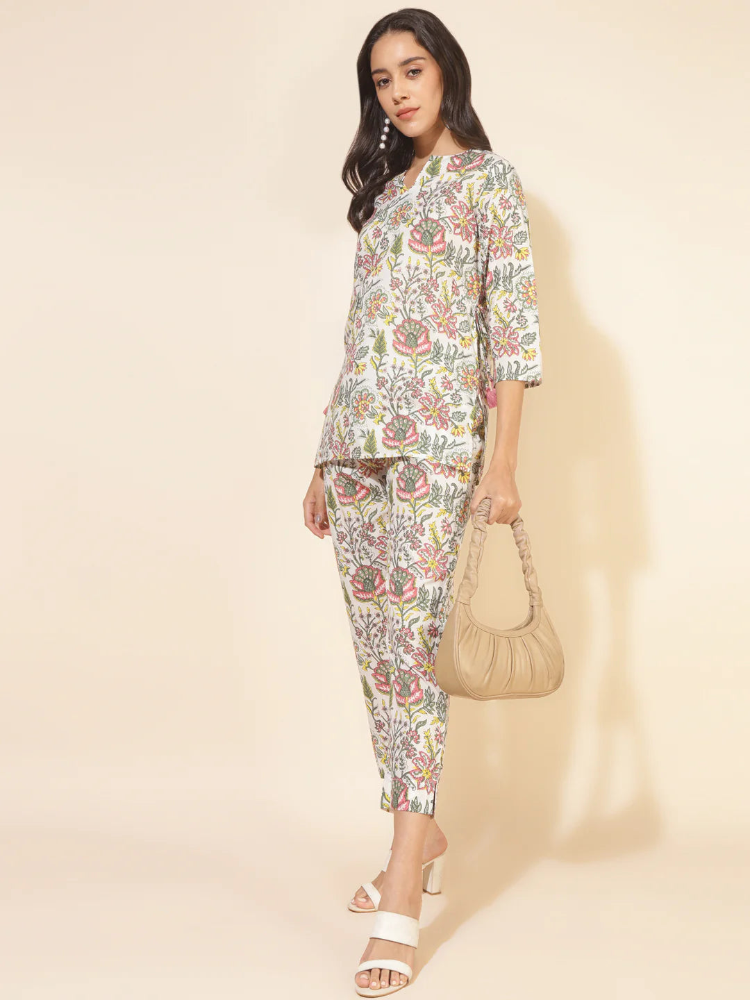 White cotton co-ord set for women with tassels, waist tie-up, and pocket – casual daily wear