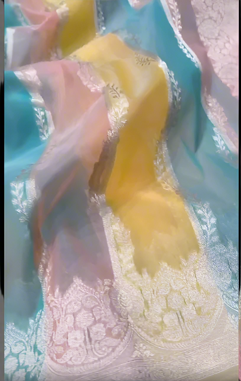 Banarasi handloom kora organza rankaat saree with allover zari stripe weaving and blouse piece