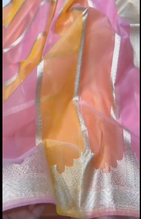 Banarasi handloom kora organza rankaat saree with allover zari stripe weaving and blouse piece