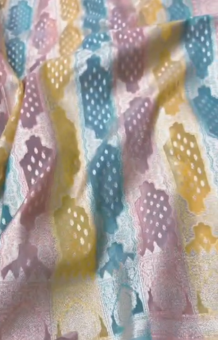 Banarasi handloom kora organza rankaat saree with allover zari stripe weaving and blouse piece