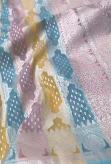 Banarasi handloom kora organza rankaat saree with allover zari stripe weaving and blouse piece