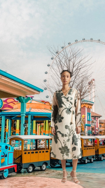 Organza Floral Print Wrap Dress for Women – Long Sleeve Midi Dress, Sizes S to XL