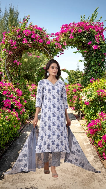 White Cotton Floral Regular Kurta Set