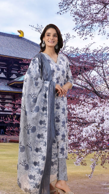 White Cotton Floral Regular Kurta Set