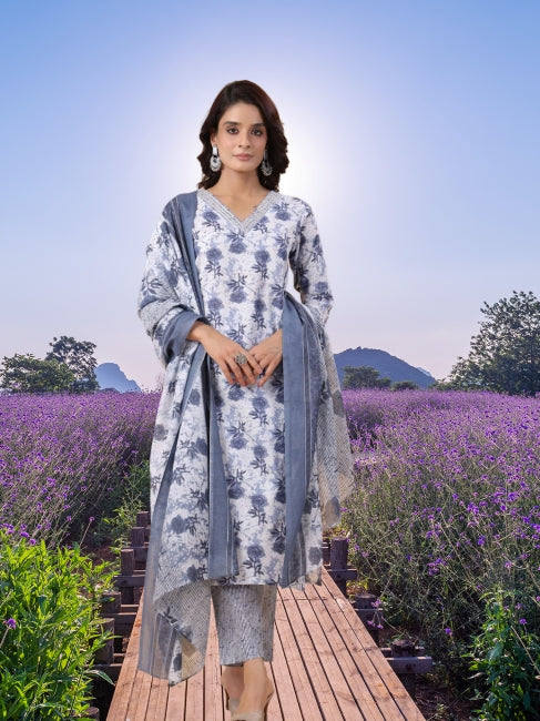 White Cotton Floral Regular Kurta Set