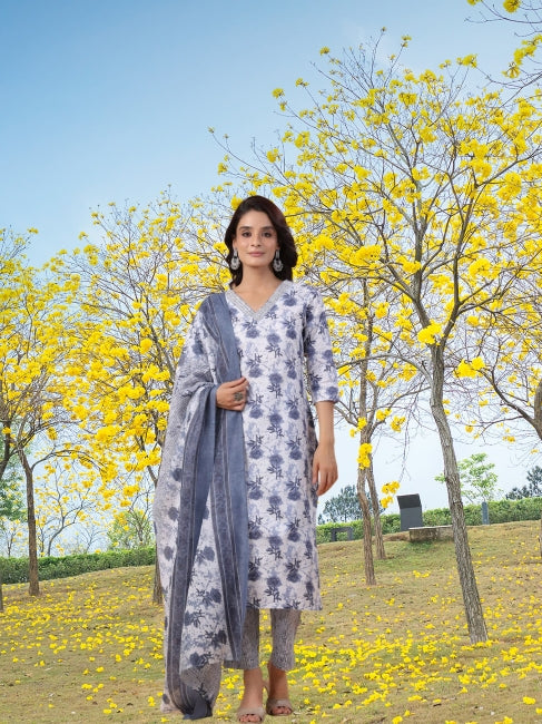 White Cotton Floral Regular Kurta Set