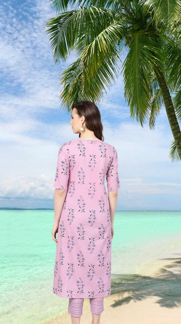 Pink Cotton Floral Print Kurta with Pant