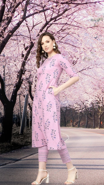 Pink Cotton Floral Print Kurta with Pant